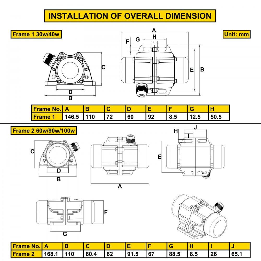 Dimensiones del vibrador de hormigón VEVOR y guía de instalación para el bastidor 1 y el bastidor 2.