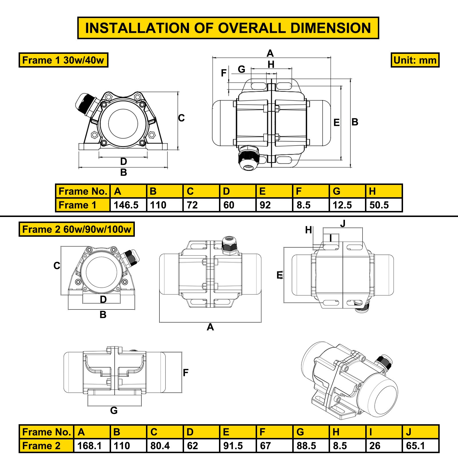 Dimensiones del vibrador de hormigón VEVOR y guía de instalación para el bastidor 1 y el bastidor 2.