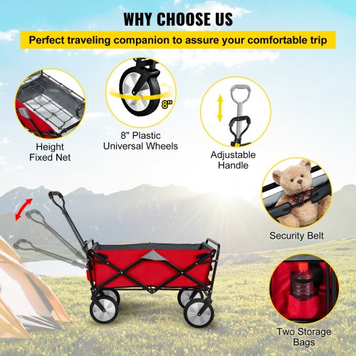 Carro de vagón VEVOR, carro plegable plegable con carga de 176 libras, carro de jardín para uso al aire libre, mango ajustable, vagones plegables portátiles con ruedas para playa, camping, comestibles, rojo/gris