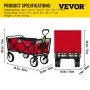 VEVOR - Carrito plegable con capacidad de 80 kg, para uso en exteriores, jardín, asa ajustable, portátil, con ruedas para playa, camping y supermercado, color rojo/gris