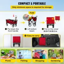 Carro de vagón VEVOR, carro plegable plegable con carga de 176 libras, carro de jardín para uso al aire libre, mango ajustable, vagones plegables portátiles con ruedas para playa, camping, comestibles, rojo/gris