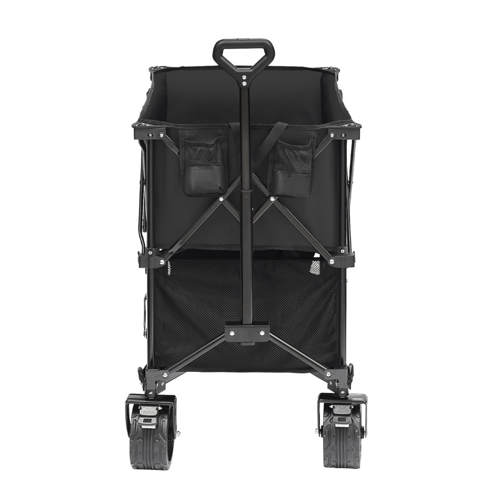Carro plegable VEVOR de dos pisos de color negro con asa resistente y ruedas dobles de gran tamaño.