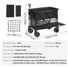 VEVOR Carro plegable de dos pisos, carro plegable de 400 L con ruedas todo terreno, carro plegable resistente, capacidad de peso de 450 libras para camping, compras, jardín, extensor extra largo de 52 pulgadas