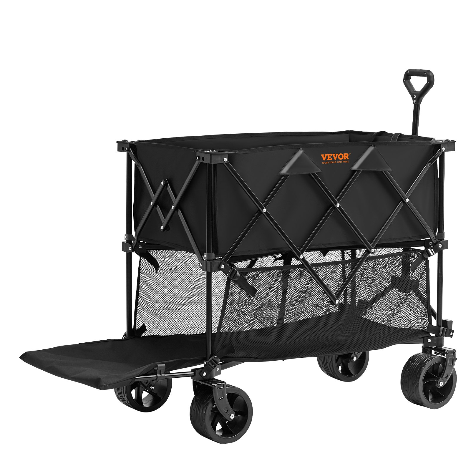 Carro plegable de dos pisos VEVOR en color negro con ruedas resistentes y plataforma de almacenamiento extensible.