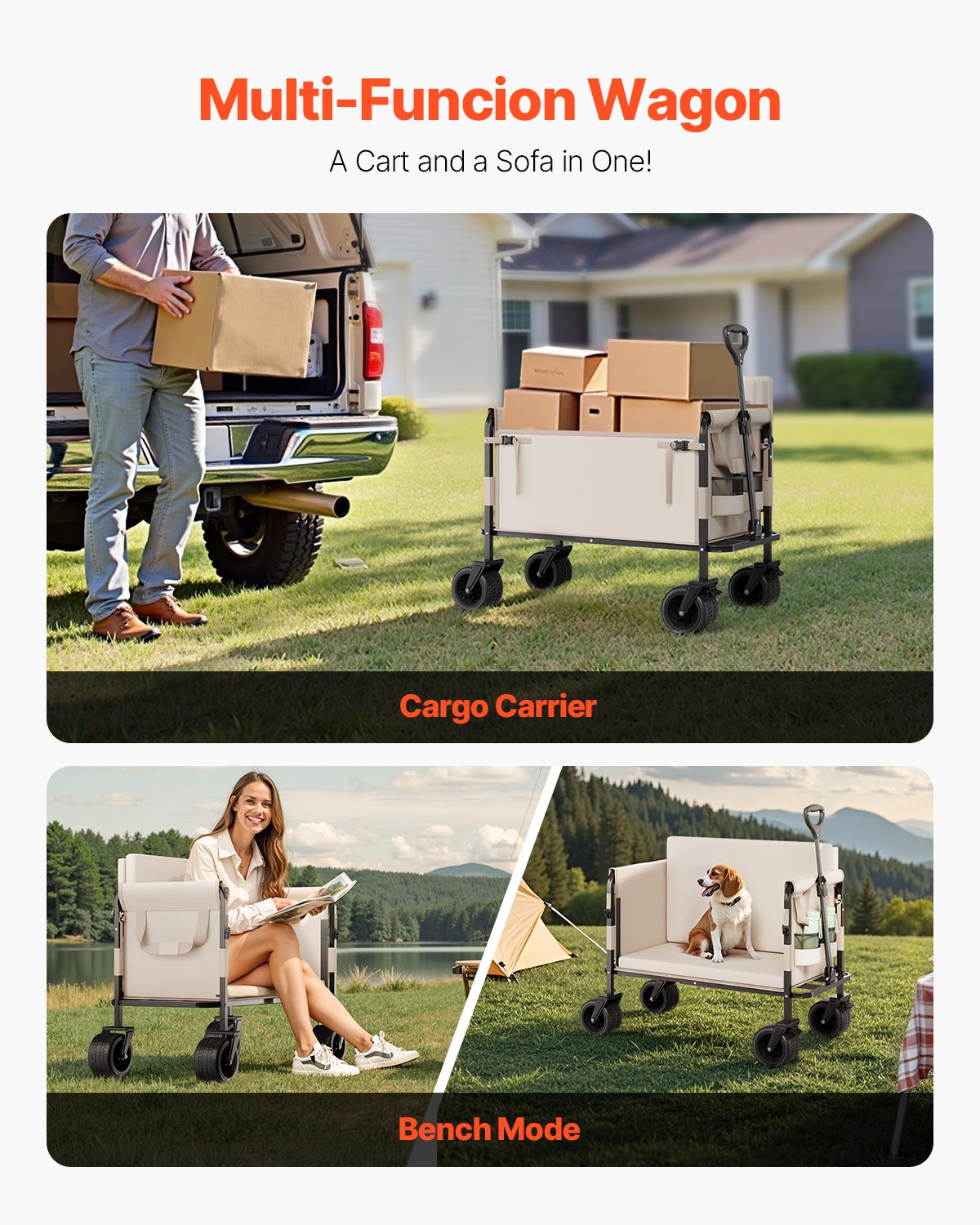 VEVOR - Carrito plegable 2 en 1, con capacidad de 250 kg y 220 l, se convierte en banco, con asa ajustable, ideal para exteriores, compras, camping y jardinería.