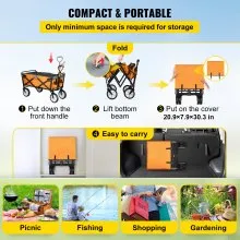 Carro de vagón VEVOR, carro plegable plegable con carga de 176 libras, carro de jardín para uso al aire libre, mango ajustable, vagones plegables portátiles con ruedas para playa, camping, comestibles, naranja