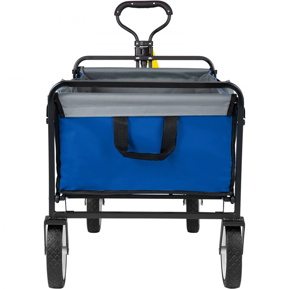Carro plegable VEVOR azul con marco y asa negros, con ruedas grandes de carrito utilitario.
