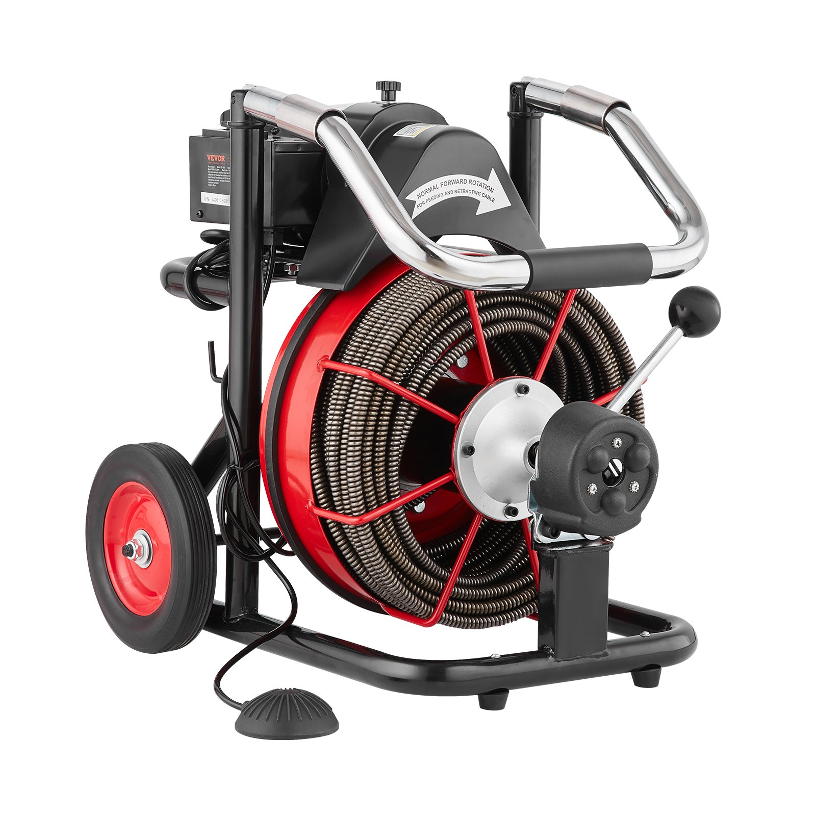 Desatascador de desagües VEVOR de 30 m x 1,27 cm, con barrena de alimentación automática y ruedas, 550 W, portátil, con 8 cortadores e interruptor de pie neumático para tuberías de 5 a 10 cm.