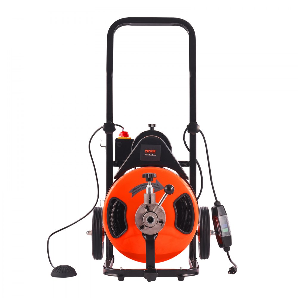 Máquina de limpieza de desagües VEVOR con tambor naranja brillante, marco negro y cable de alimentación adjunto
