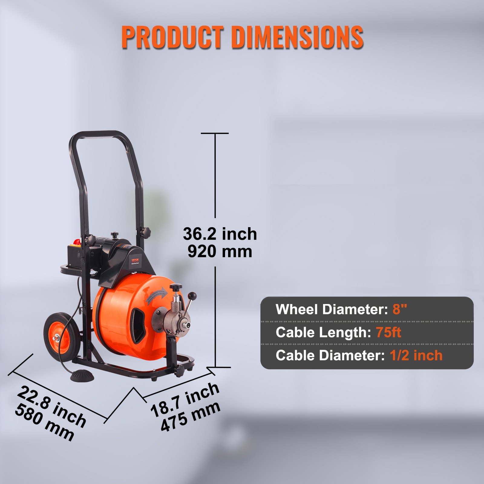 Máquina de limpieza de desagües VEVOR que muestra dimensiones: 36,2&quot; de alto, 22,8&quot; de ancho, 18,7&quot; de profundidad, rueda de 8&quot;.
