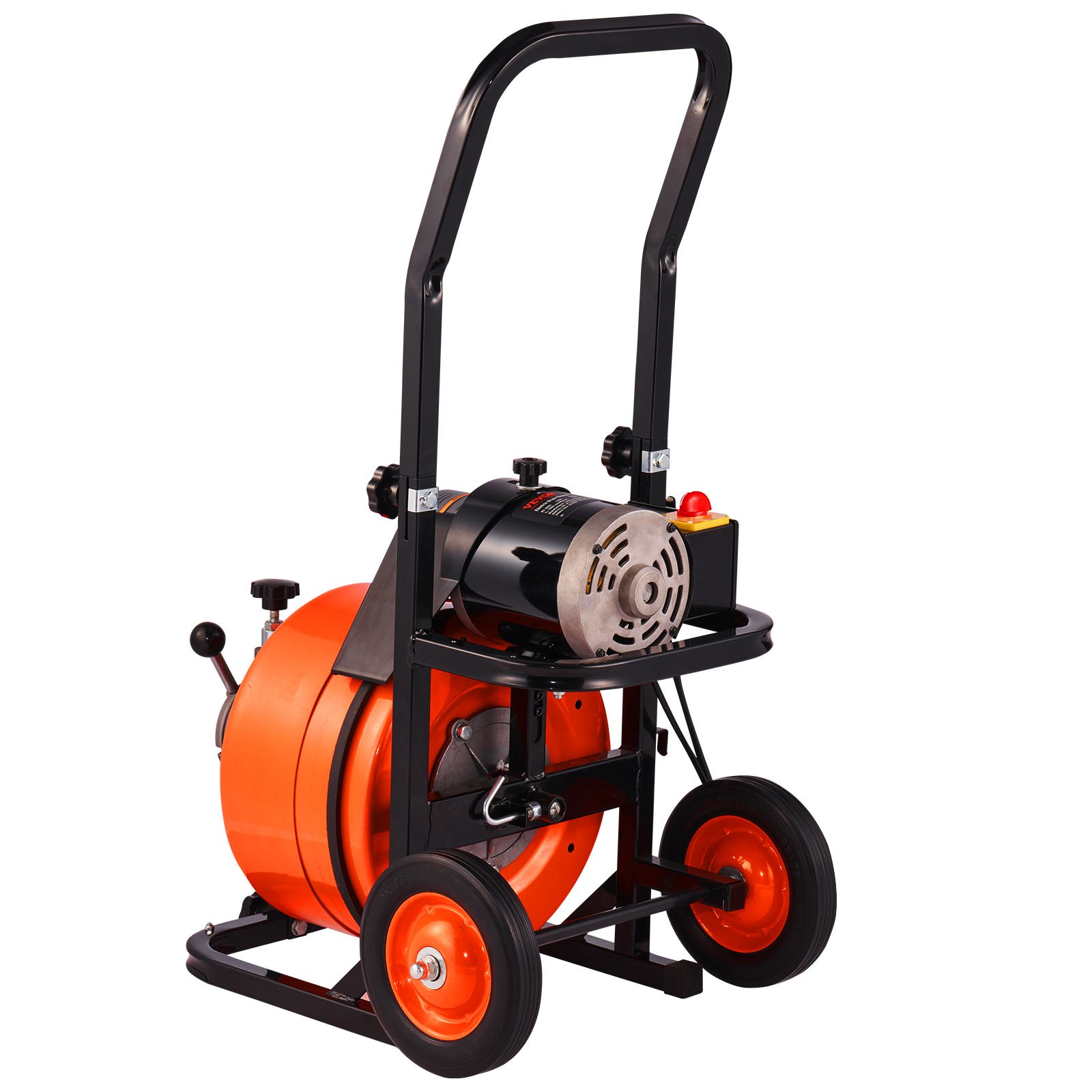 Limpiador de desagües VEVOR de 22,8 m x 1,27 cm, con barrena automática, 4 cortadores e interruptor de pie neumático para tuberías de 2,54 cm a 10,16 cm, color naranja y negro