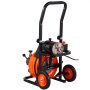 Máquina limpiadora de desagües VEVOR con carrete naranja, marco negro y ruedas para fácil transporte.