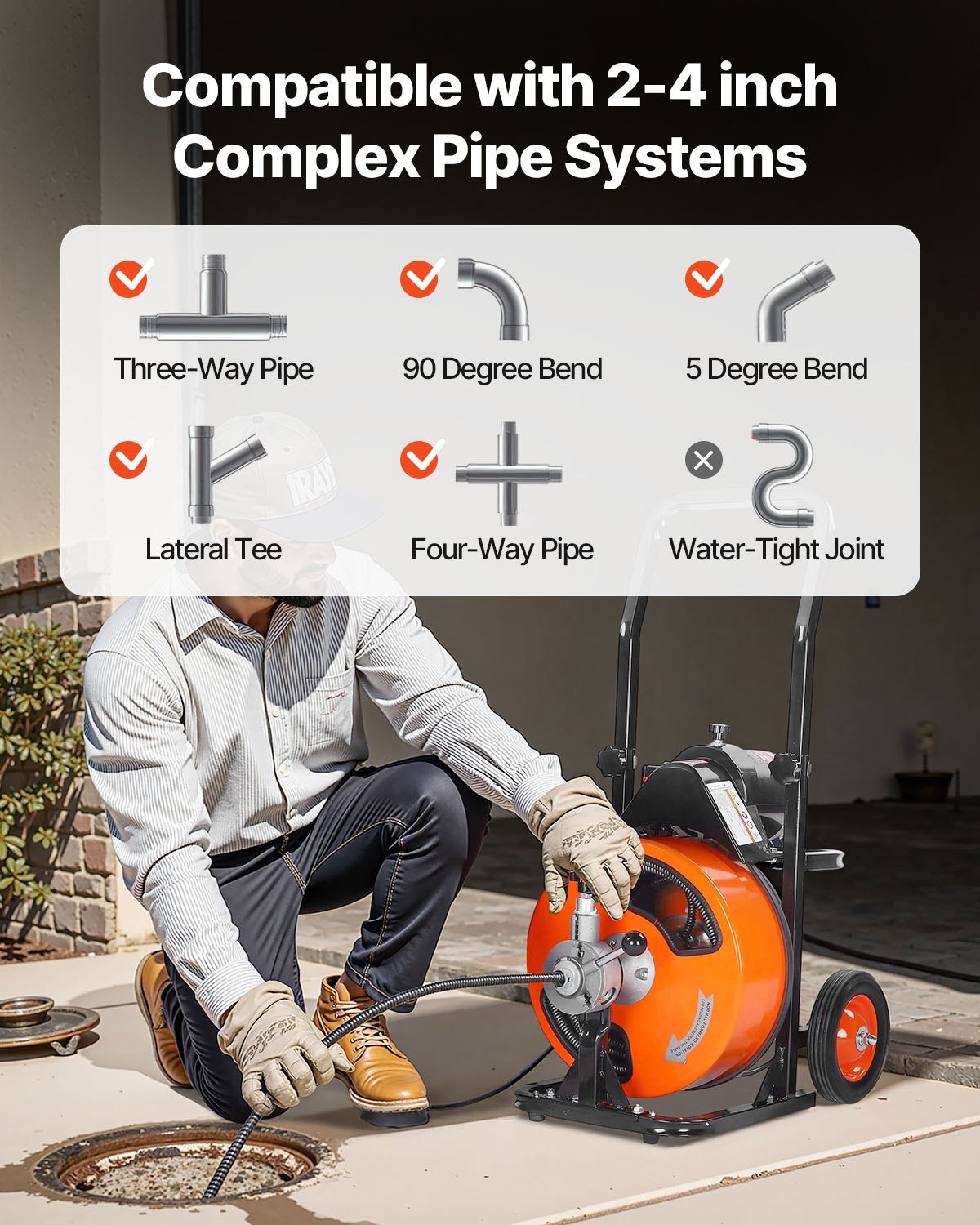Desatascador de desagües VEVOR de 30 m x 9,5 cm, con alimentación automática, con barrena, 4 cortadores e interruptor de pie neumático para tuberías de 2,5 a 10 cm
