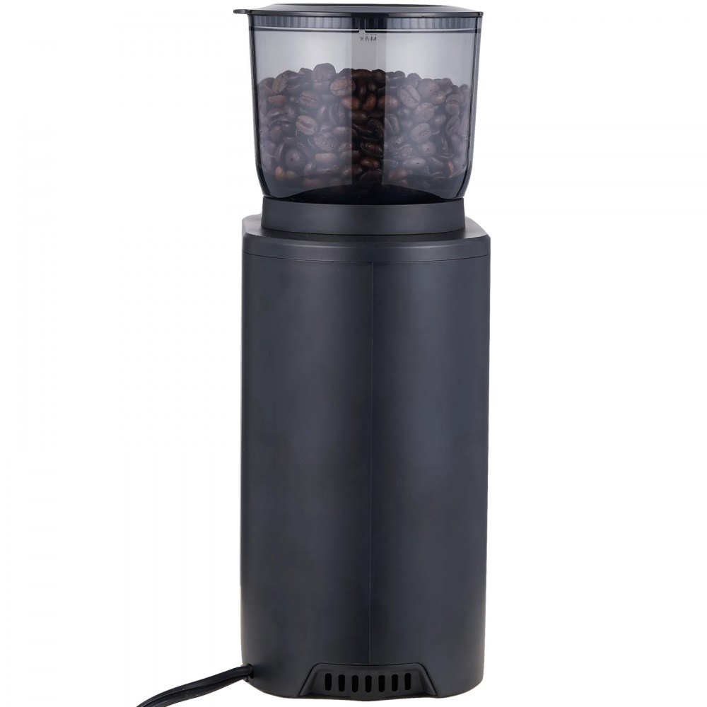 Molinillo de café VEVOR con un elegante diseño negro y un recipiente transparente lleno de granos de café.