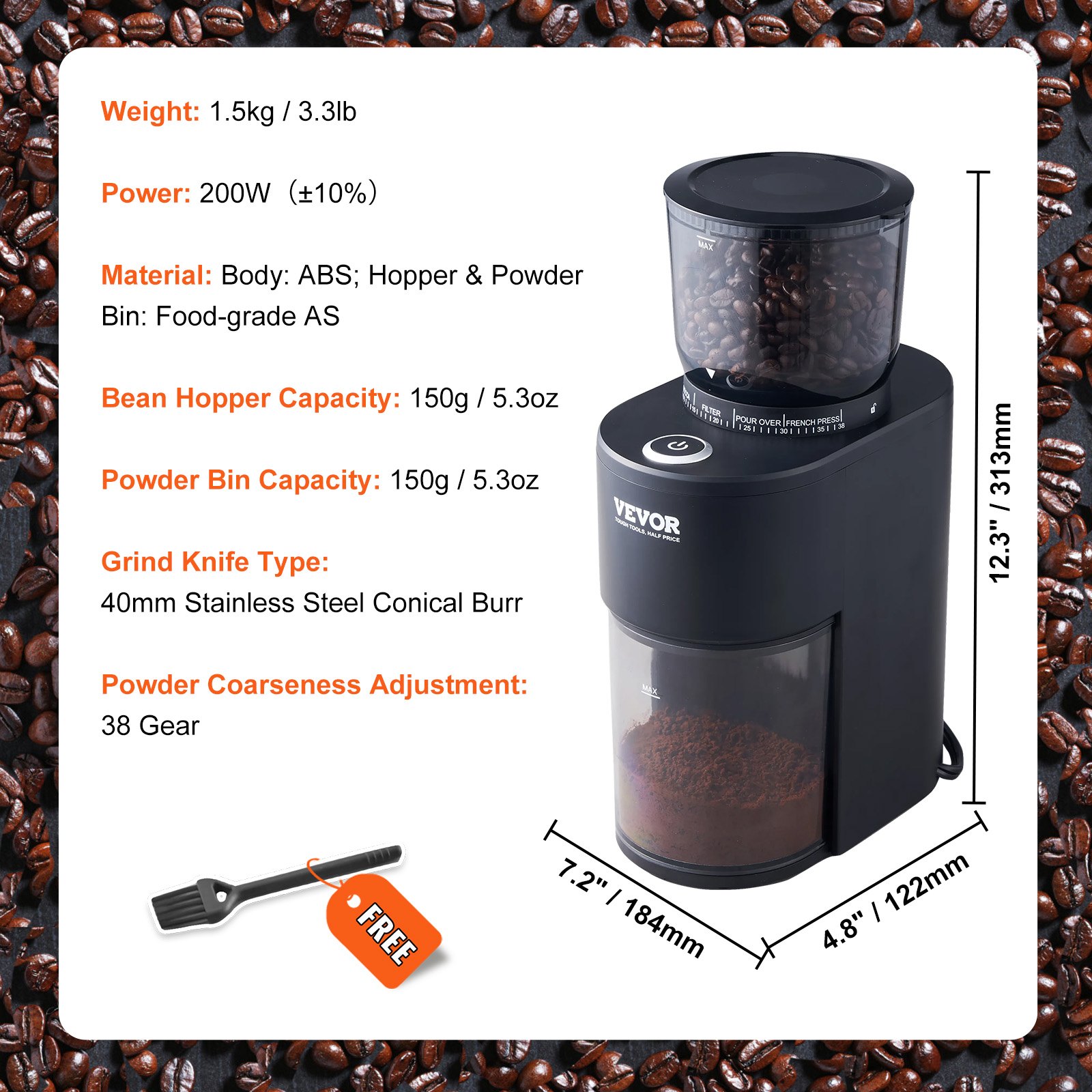 Molinillo de café VEVOR con capacidad de 150g, muela de acero inoxidable de 40mm, ajuste de 38 marchas y 200w de potencia.