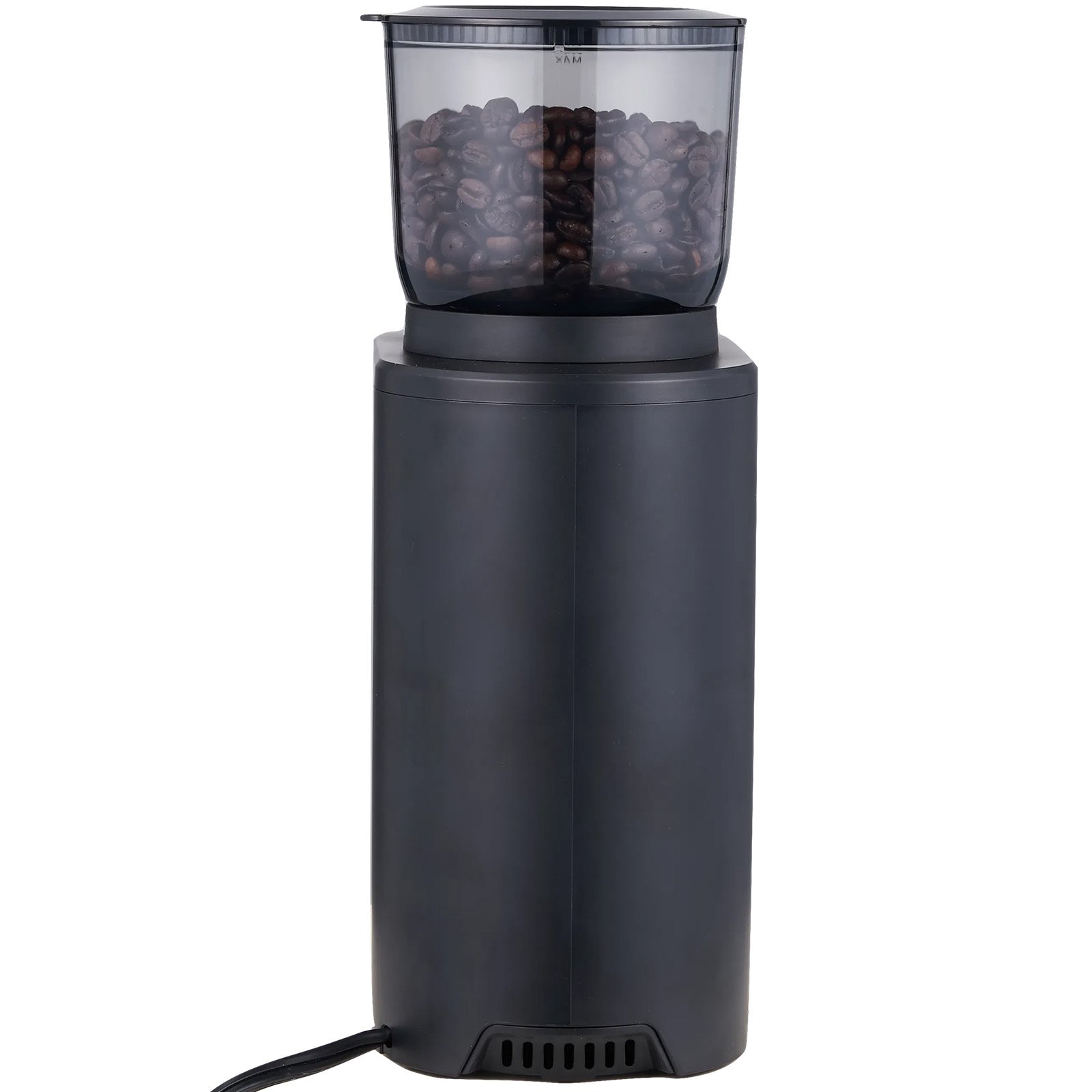 Molinillo de café VEVOR con un elegante diseño negro y un recipiente transparente lleno de granos de café.