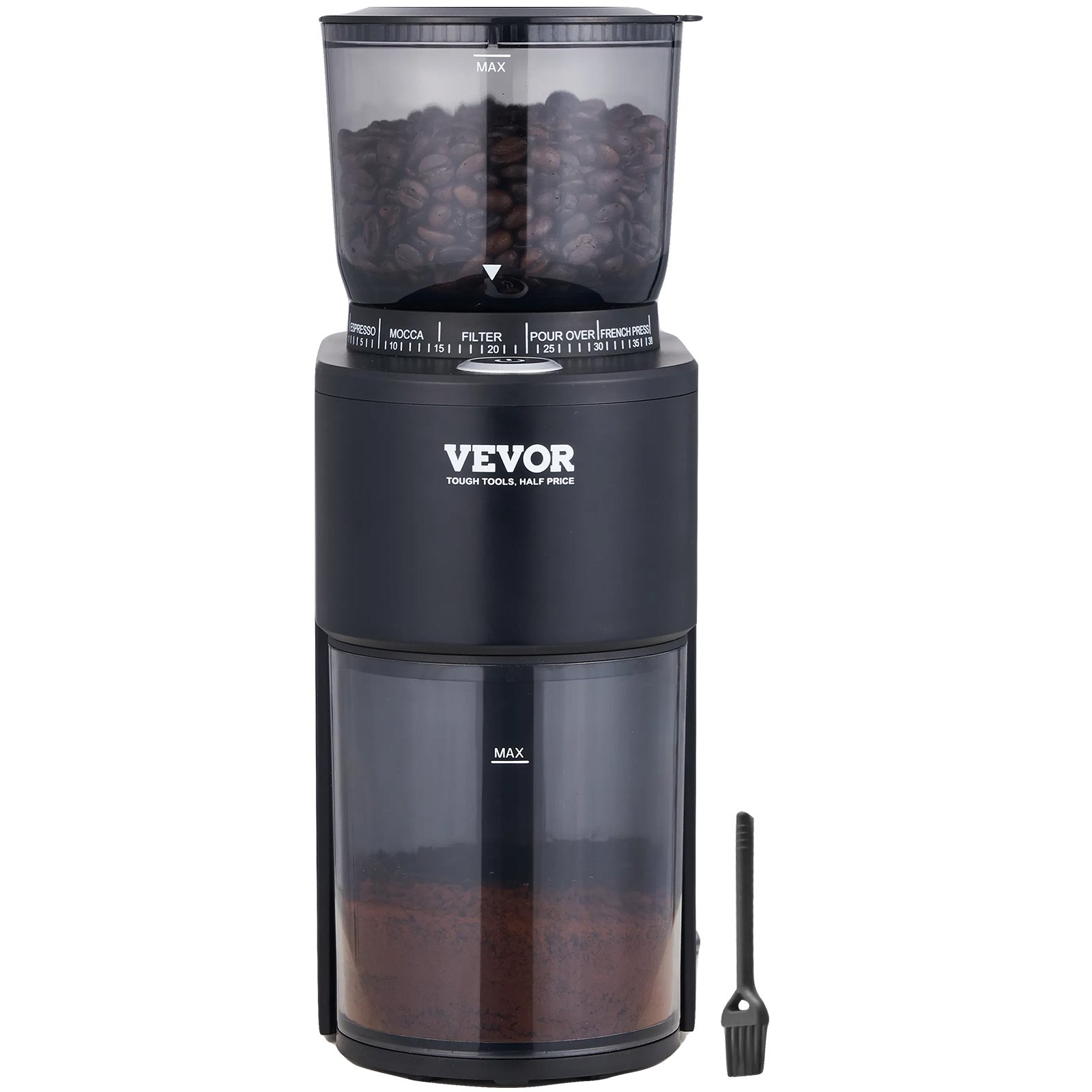 Molinillo de café VEVOR con compartimentos para granos y posos, configuraciones de tamaño de molienda y cepillo de limpieza.