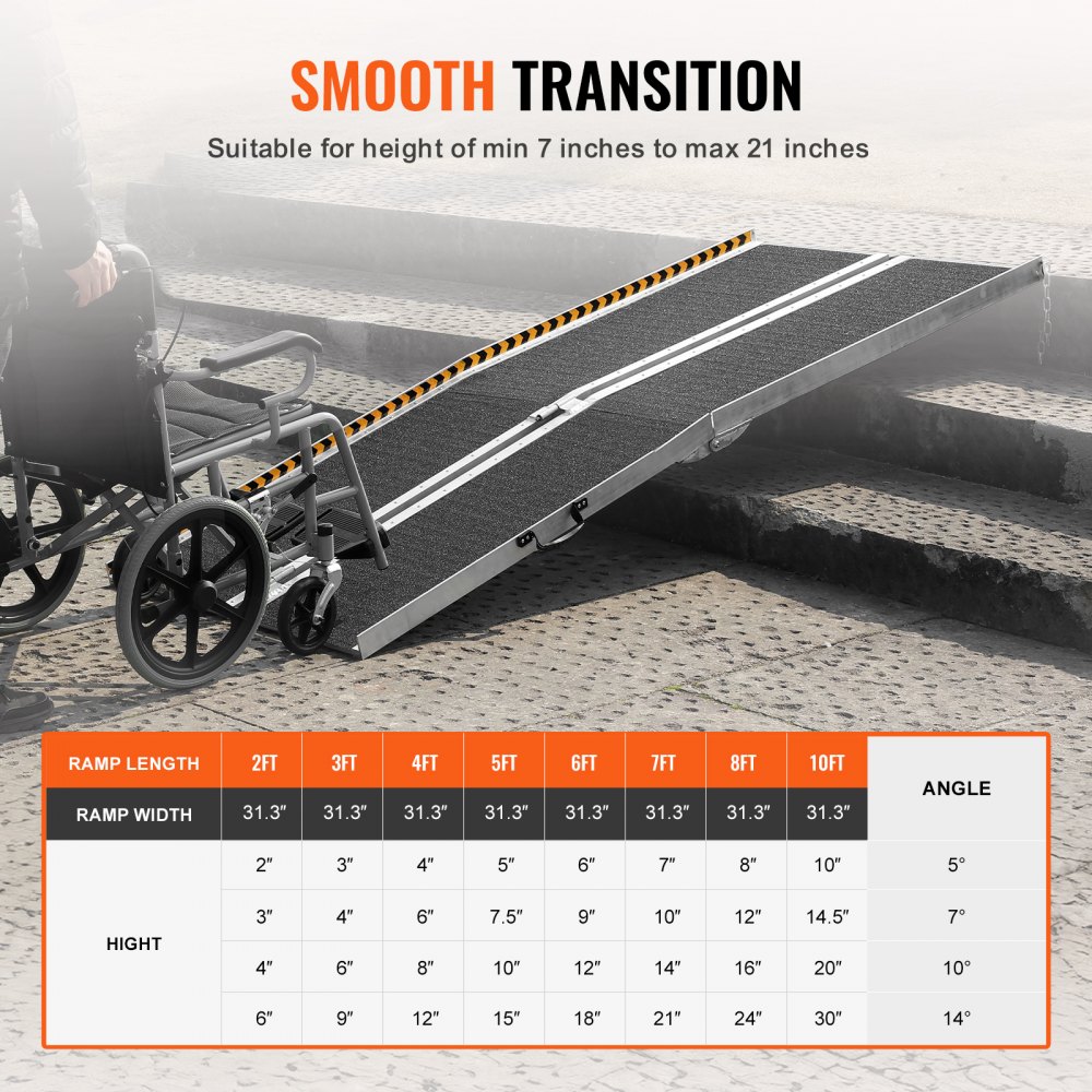 Rampa portátil para silla de ruedas VEVOR, capacidad de 2,2 m (800 lb), rampa de umbral plegable de aluminio antideslizante, rampa plegable para silla de ruedas y scooter de movilidad, rampa para personas con discapacidad para escalones, escaleras, puertas y bordillos del hogar.