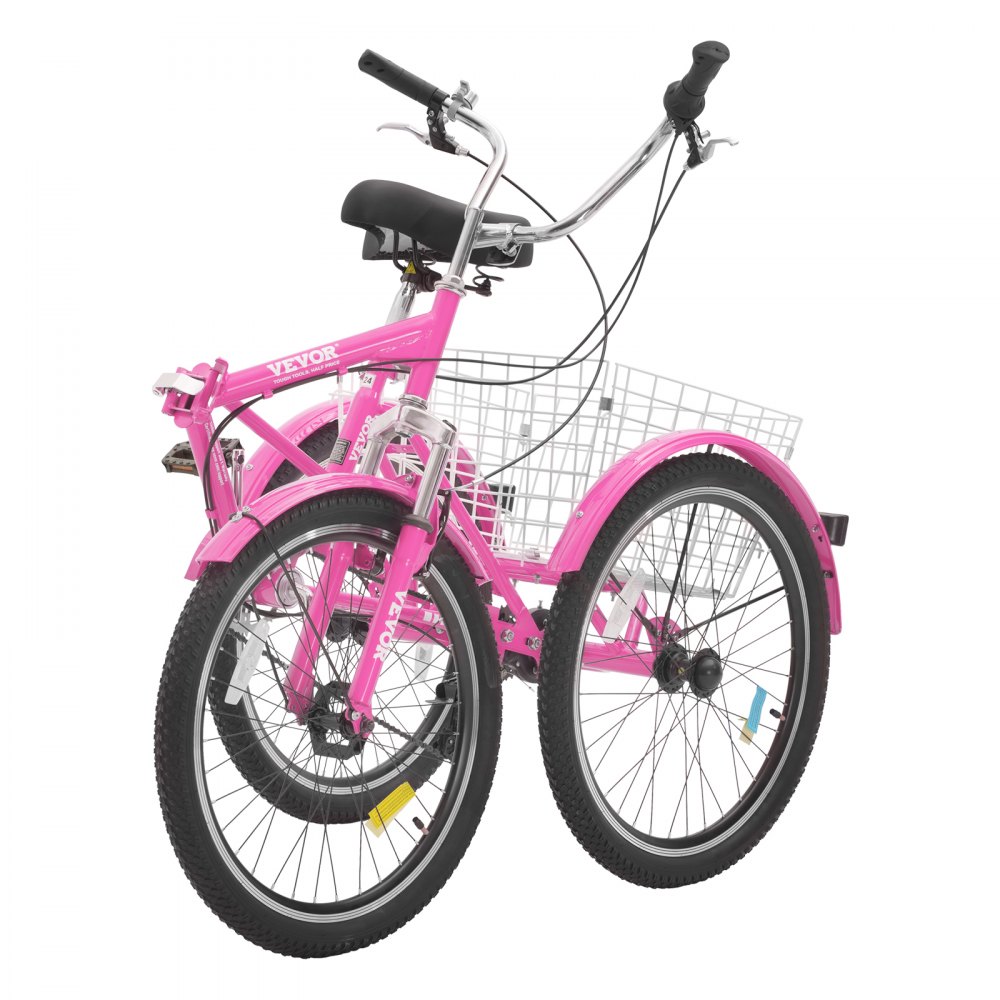 Triciclo plegable VEVOR para adultos, 24 pulgadas, 7 velocidades, de acero al carbono, de 3 ruedas, con cesta y asiento ajustable, ideal para ir de compras, picnics, mujeres, hombres y personas mayores (rosa)