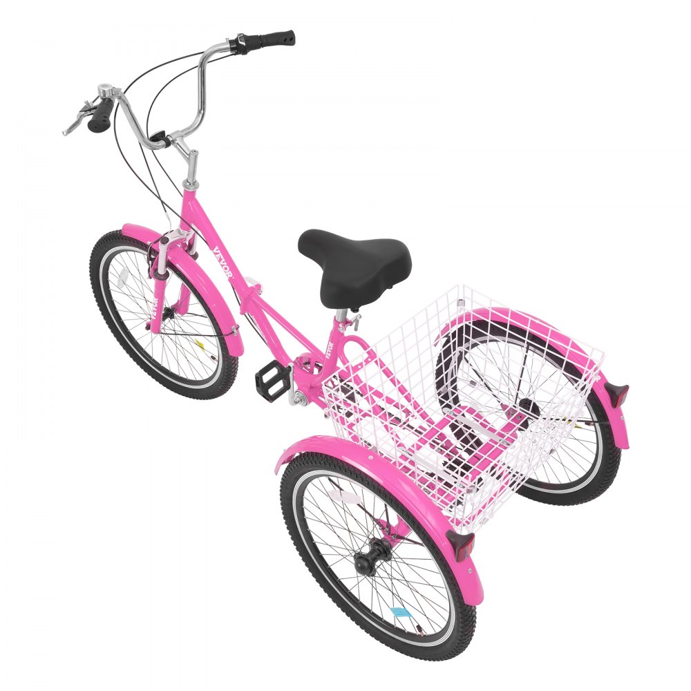 Triciclo plegable VEVOR para adultos, 24 pulgadas, 7 velocidades, de acero al carbono, de 3 ruedas, con cesta y asiento ajustable, ideal para ir de compras, picnics, mujeres, hombres y personas mayores (rosa)