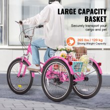 VEVOR Triciclo plegable para adultos, triciclos plegables para adultos de 24 pulgadas y 7 velocidades, bicicleta de crucero de 3 ruedas de acero al carbono con cesta y asiento ajustable, triciclos plegables para compras de picnic para mujeres, hombres, personas mayores (rosa)