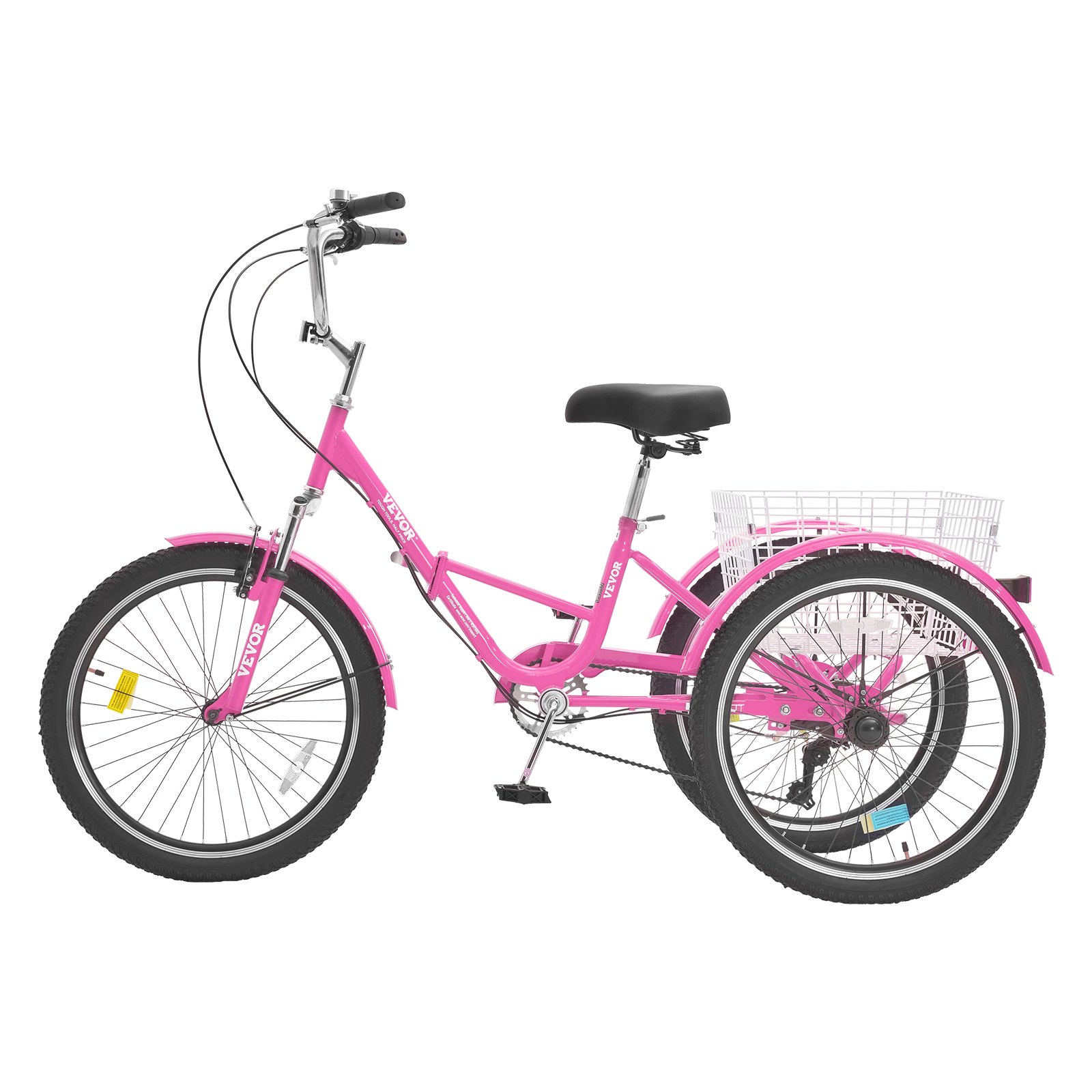 Triciclo plegable VEVOR para adultos, 24 pulgadas, 7 velocidades, de acero al carbono, de 3 ruedas, con cesta y asiento ajustable, ideal para ir de compras, picnics, mujeres, hombres y personas mayores (rosa)