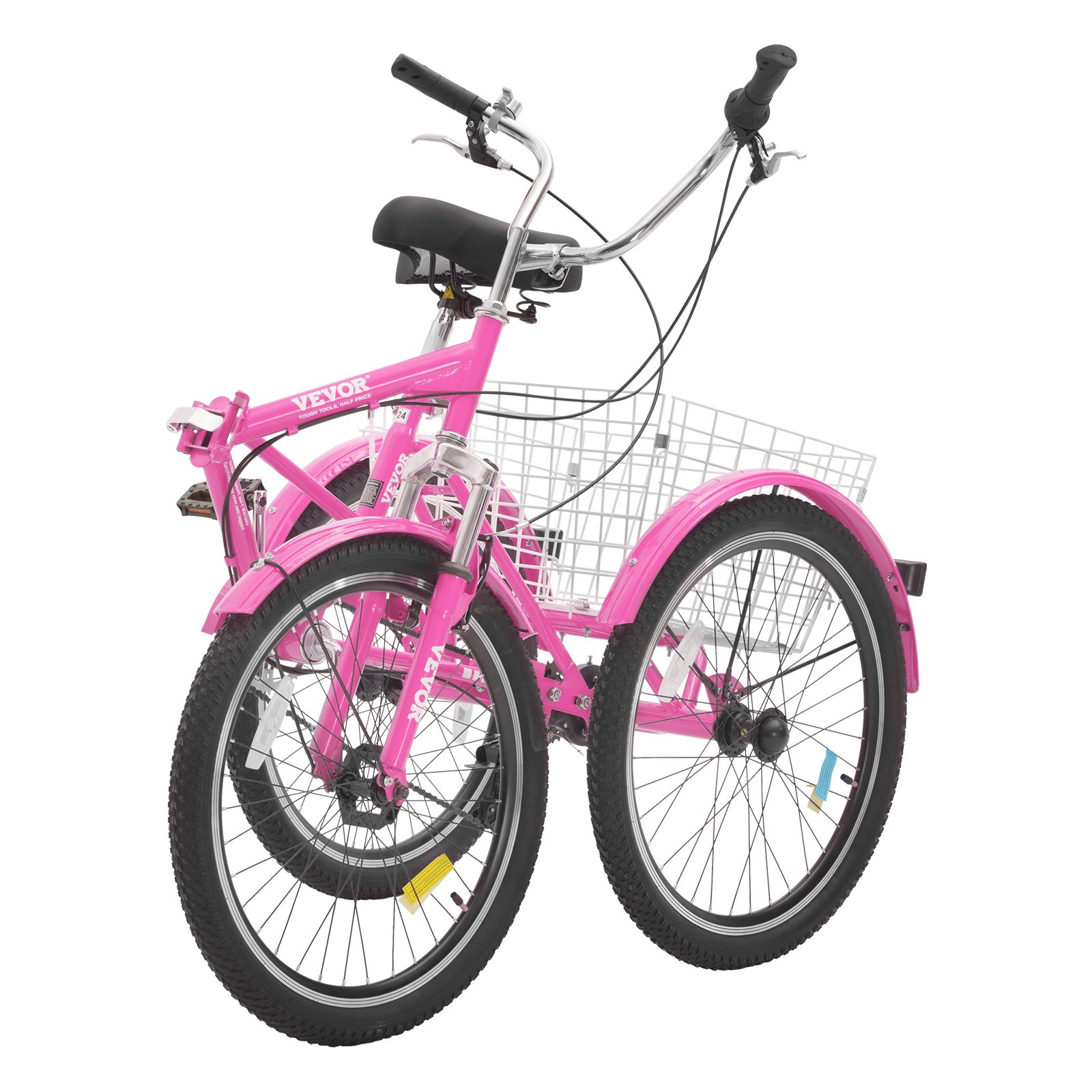Triciclo plegable VEVOR para adultos, 24 pulgadas, 7 velocidades, de acero al carbono, de 3 ruedas, con cesta y asiento ajustable, ideal para ir de compras, picnics, mujeres, hombres y personas mayores (rosa)