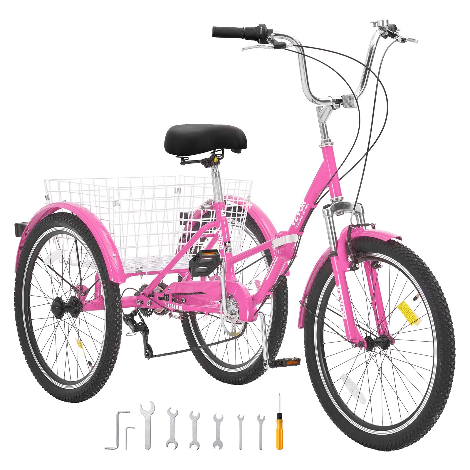 Triciclo plegable VEVOR para adultos, 24 pulgadas, 7 velocidades, de acero al carbono, de 3 ruedas, con cesta y asiento ajustable, ideal para ir de compras, picnics, mujeres, hombres y personas mayores (rosa)