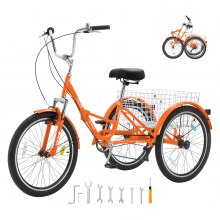 VEVOR Triciclo plegable para adultos, 24 pulgadas, 7 velocidades, bicicleta de crucero de 3 ruedas de acero al carbono con canasta y asiento ajustable, triciclos plegables para ir de compras, picnic, para mujeres, hombres y personas mayores (naranja)