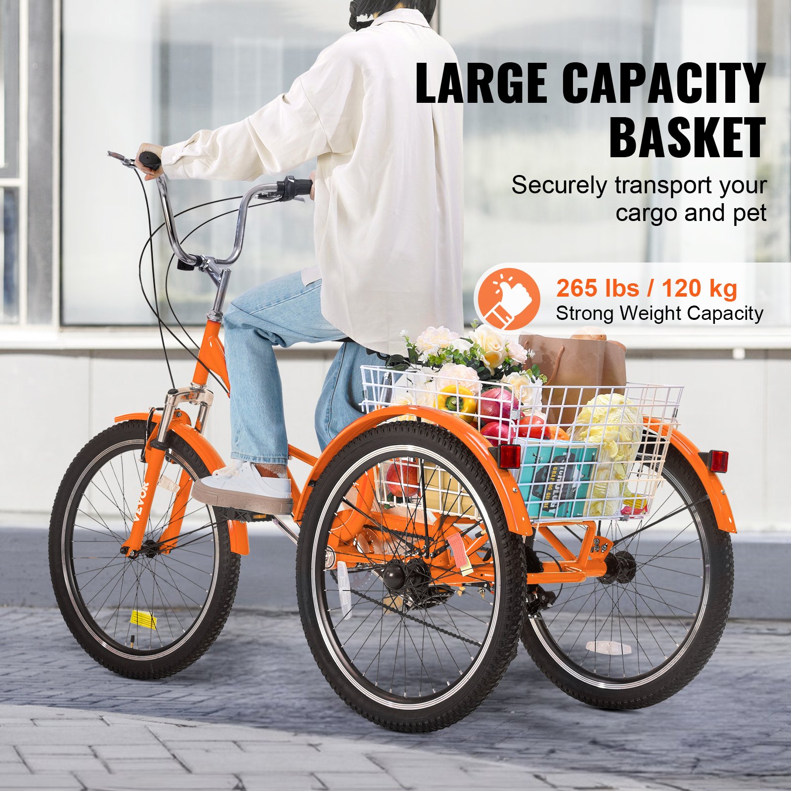 Triciclo plegable VEVOR para adultos, 24 pulgadas, 7 velocidades, de acero al carbono, de 3 ruedas, con cesta y asiento ajustable, ideal para ir de compras, picnics, para mujeres, hombres y personas mayores (naranja)