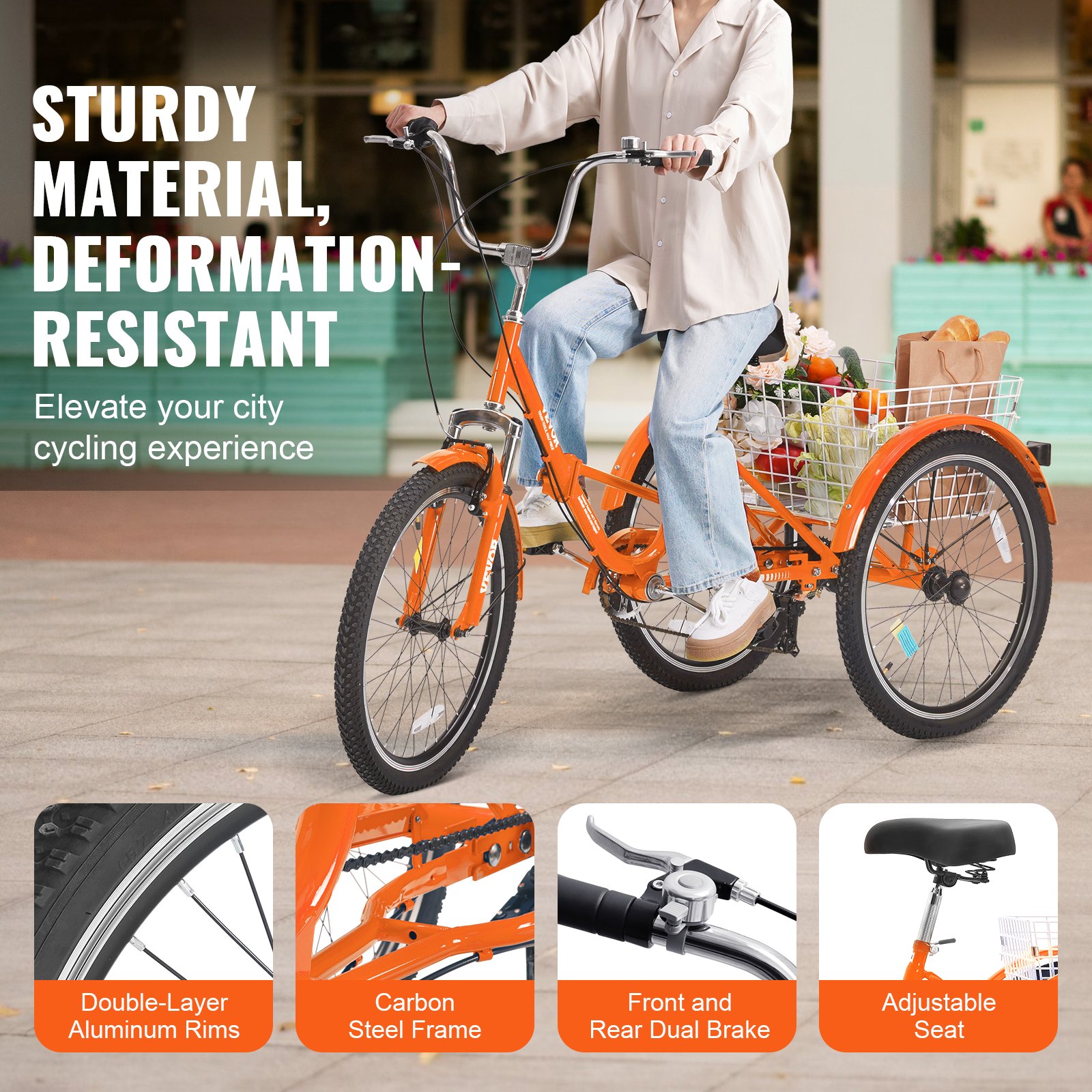 Triciclo plegable VEVOR para adultos, 24 pulgadas, 7 velocidades, de acero al carbono, de 3 ruedas, con cesta y asiento ajustable, ideal para ir de compras, picnics, para mujeres, hombres y personas mayores (naranja)