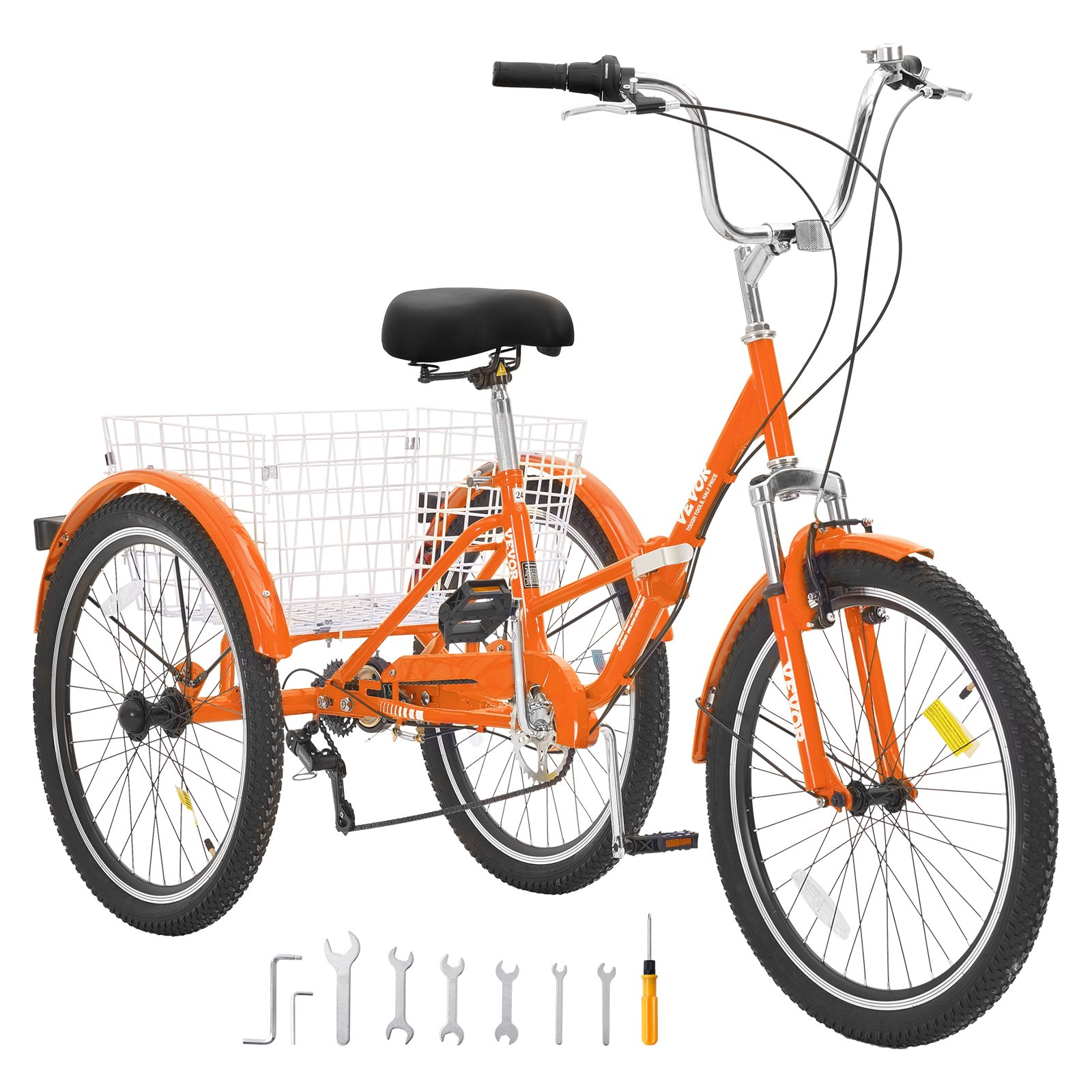 Triciclo plegable VEVOR para adultos, 24 pulgadas, 7 velocidades, de acero al carbono, de 3 ruedas, con cesta y asiento ajustable, ideal para ir de compras, picnics, para mujeres, hombres y personas mayores (naranja)