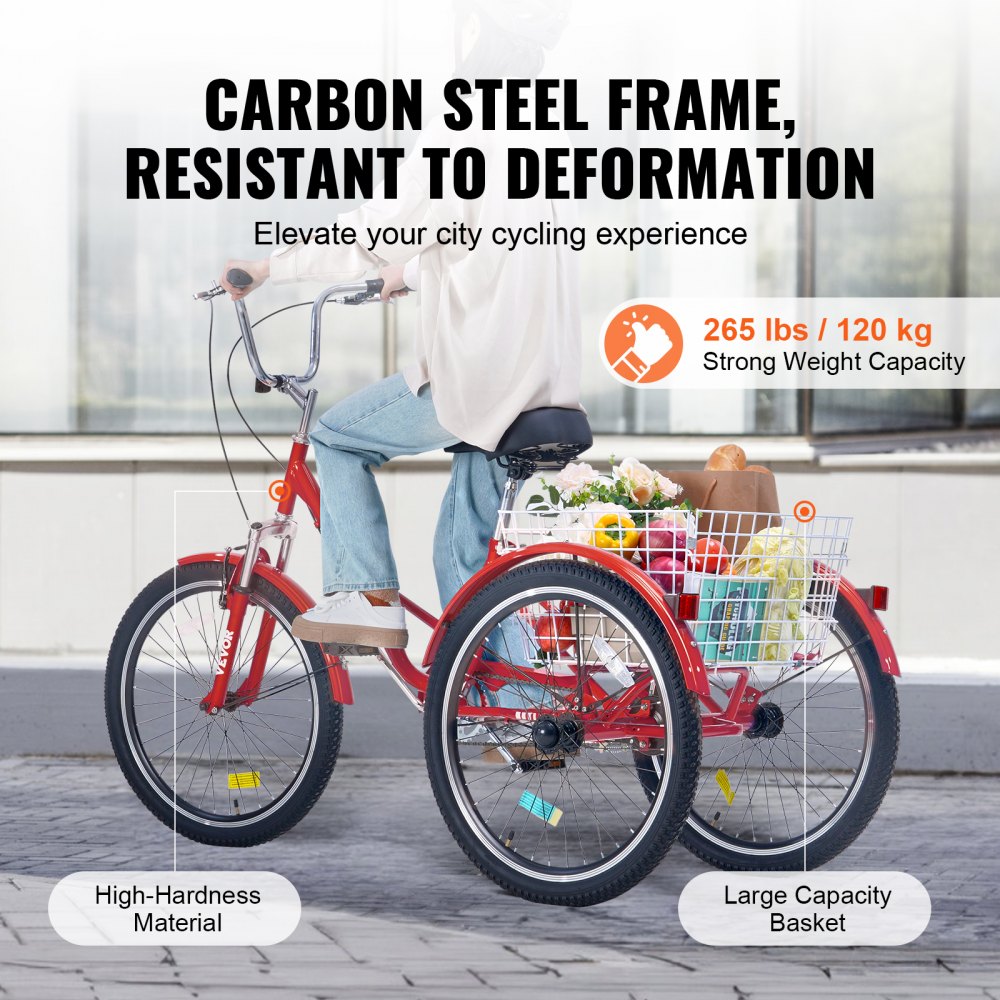 VEVOR Triciclo plegable para adultos, triciclos plegables para adultos de 24 pulgadas, bicicleta de crucero de 3 ruedas de acero al carbono con cesta grande y asiento ajustable, triciclos plegables para compras de picnic para mujeres, hombres, personas mayores (rojo)