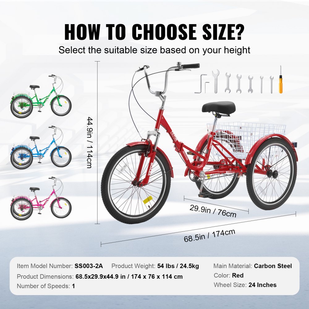 VEVOR Triciclo plegable para adultos, triciclos plegables para adultos de 24 pulgadas, bicicleta de crucero de 3 ruedas de acero al carbono con cesta grande y asiento ajustable, triciclos plegables para compras de picnic para mujeres, hombres, personas mayores (rojo)