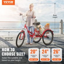 VEVOR Triciclo plegable para adultos, triciclos plegables para adultos de 24 pulgadas, bicicleta de crucero de 3 ruedas de acero al carbono con cesta grande y asiento ajustable, triciclos plegables para compras de picnic para mujeres, hombres, personas mayores (rojo)