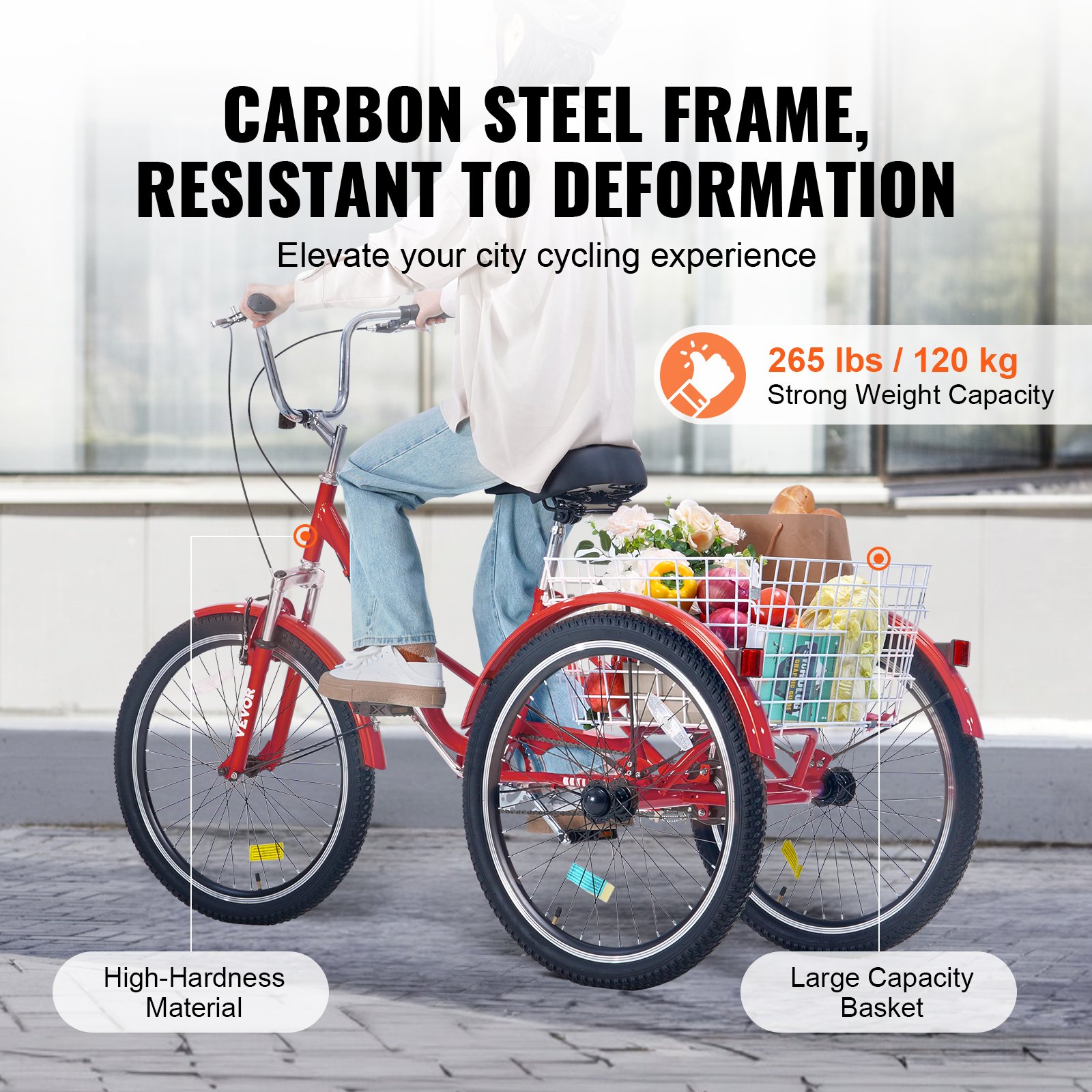 VEVOR Triciclo plegable para adultos, triciclos plegables para adultos de 24 pulgadas, bicicleta de crucero de 3 ruedas de acero al carbono con cesta grande y asiento ajustable, triciclos plegables para compras de picnic para mujeres, hombres, personas mayores (rojo)