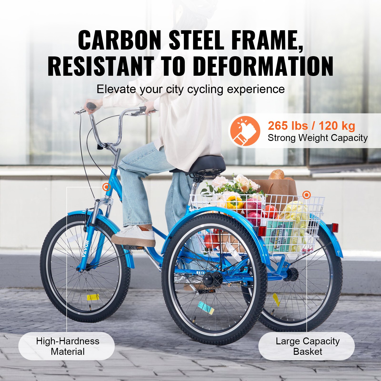 Triciclo plegable VEVOR para adultos, de 26 pulgadas, de acero al carbono, de 3 ruedas, con cesta grande y asiento ajustable, ideal para ir de compras, picnics, para mujeres, hombres y personas mayores (azul)