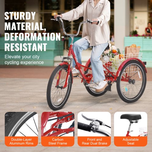 Triciclo Adultos 26" 6 Velocidades - Con Cesta, Acero Carbono, Altura Ajustable, Para Mayores, Compras, Paseo