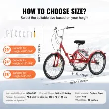 VEVOR Triciclo plegable para adultos, triciclos plegables para adultos de 26 pulgadas y 7 velocidades, bicicleta de crucero de 3 ruedas de acero al carbono con cesta y asiento ajustable, triciclos plegables para picnic de compras para mujeres, hombres, personas mayores (rojo)