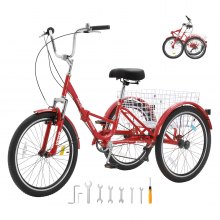 VEVOR Triciclo plegable para adultos, triciclos plegables para adultos de 26 pulgadas y 7 velocidades, bicicleta de crucero de 3 ruedas de acero al carbono con cesta y asiento ajustable, triciclos plegables para picnic de compras para mujeres, hombres, personas mayores (rojo)