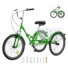 VEVOR Triciclo plegable para adultos, triciclo plegable para adultos de 20 pulgadas, bicicleta de crucero de 3 ruedas de acero al carbono con canasta grande y asiento ajustable, triciclos plegables para ir de compras, picnic para mujeres, hombres y personas mayores (verde)