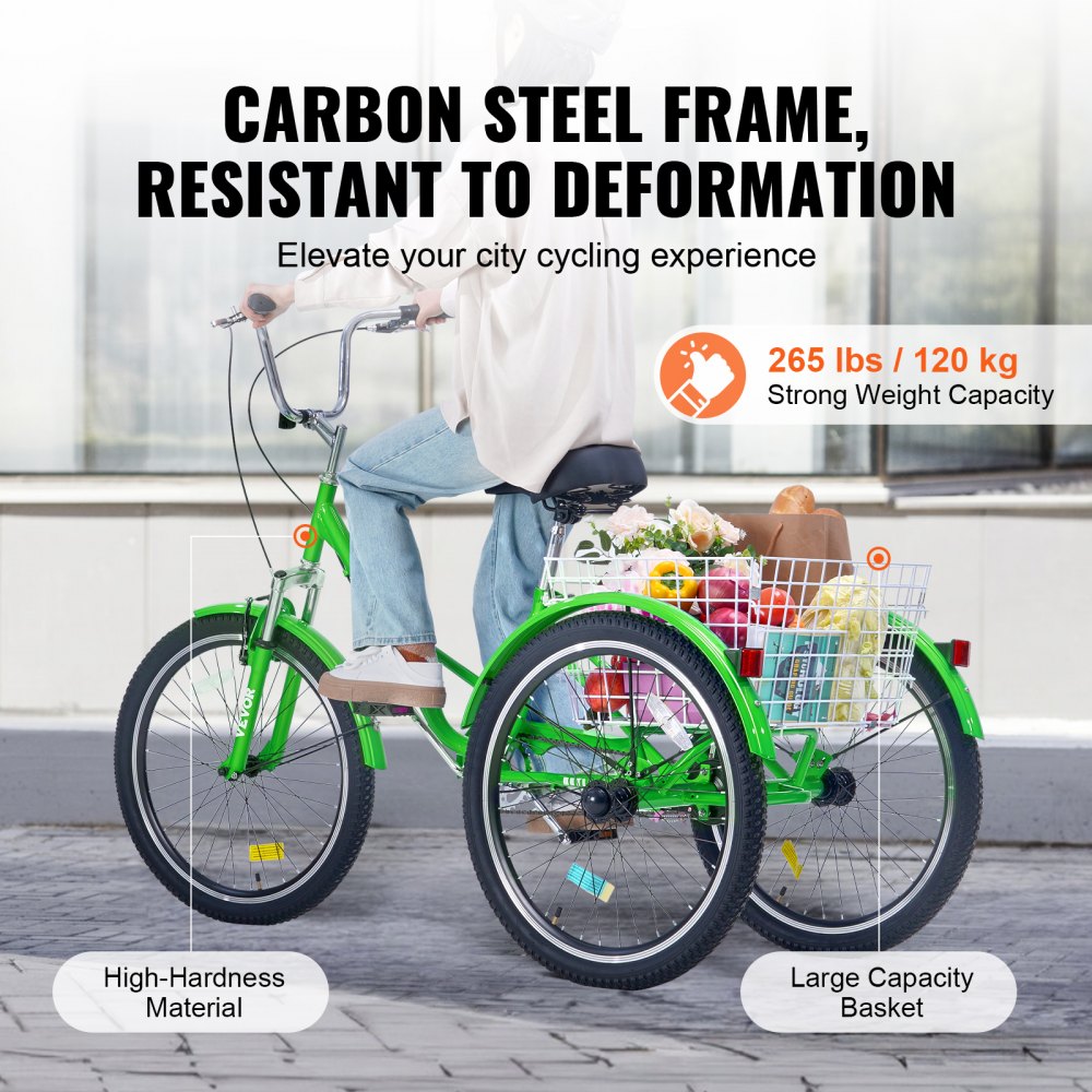 Triciclo plegable VEVOR para adultos, de 24 pulgadas, de acero al carbono, de 3 ruedas, con cesta grande y asiento ajustable, ideal para ir de compras, picnics, para mujeres, hombres y personas mayores (verde)