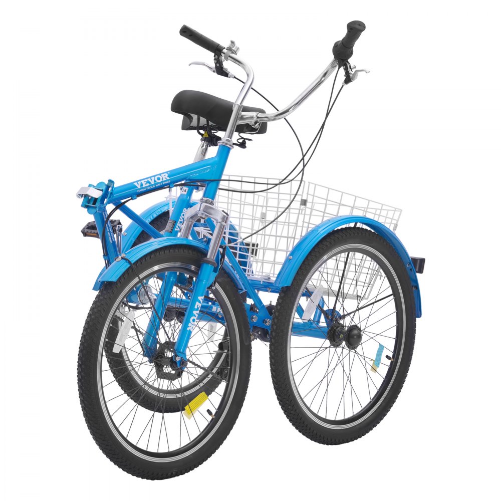 VEVOR Triciclo plegable para adultos, triciclos plegables para adultos de 24 pulgadas y 7 velocidades, bicicleta de crucero de 3 ruedas de acero al carbono con cesta y asiento ajustable, triciclos plegables para picnic de compras para mujeres, hombres, personas mayores (azul)