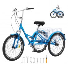 VEVOR Triciclo plegable para adultos, triciclos plegables para adultos de 24 pulgadas y 7 velocidades, bicicleta de crucero de 3 ruedas de acero al carbono con cesta y asiento ajustable, triciclos plegables para picnic de compras para mujeres, hombres, personas mayores (azul)