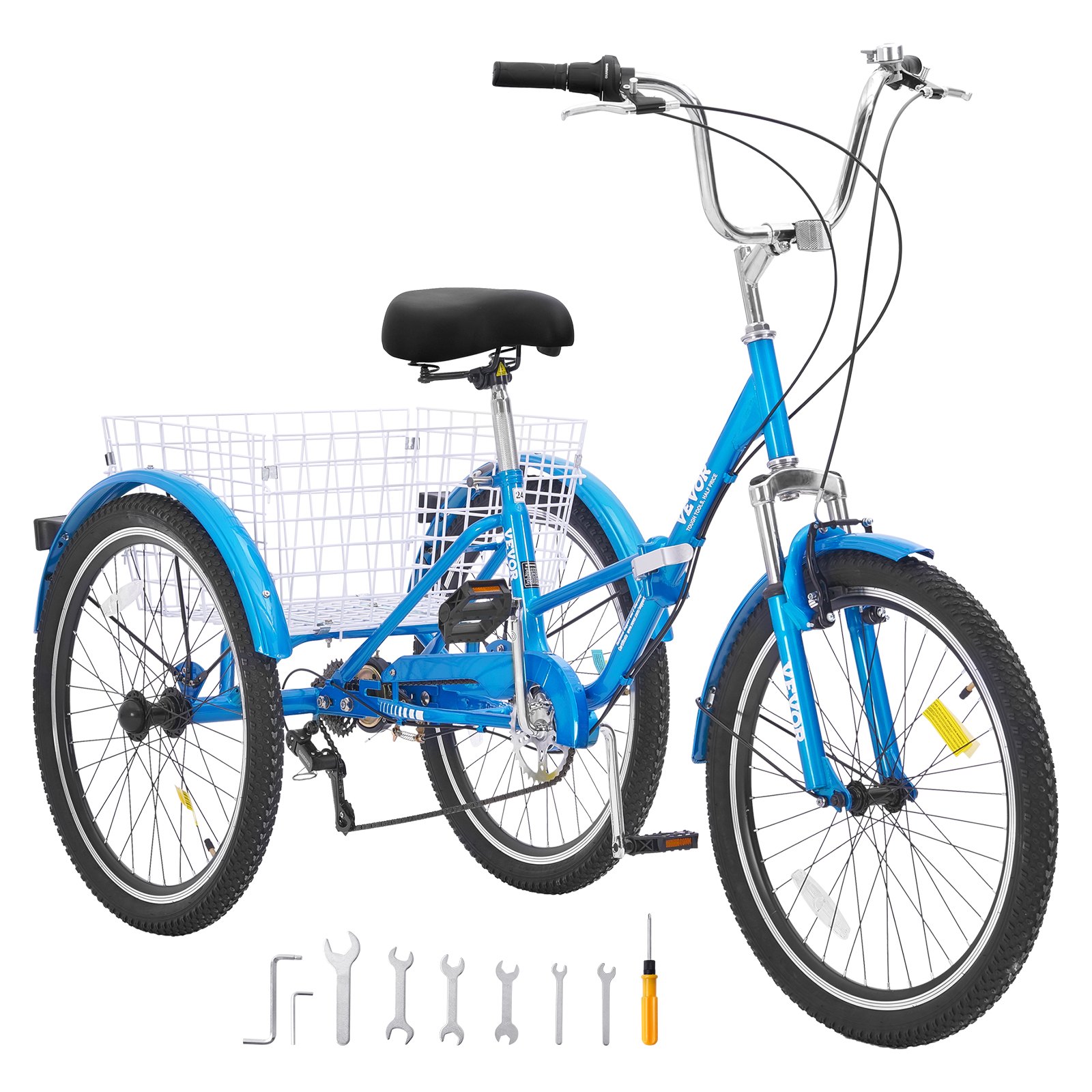 VEVOR Triciclo plegable para adultos, triciclos plegables para adultos de 24 pulgadas y 7 velocidades, bicicleta de crucero de 3 ruedas de acero al carbono con cesta y asiento ajustable, triciclos plegables para picnic de compras para mujeres, hombres, personas mayores (azul)