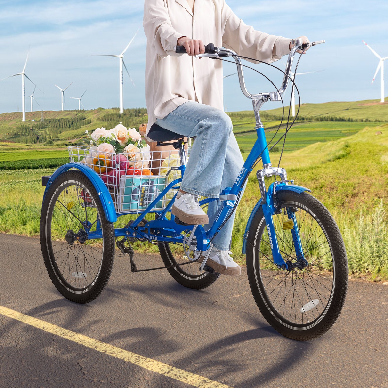VEVOR Triciclo plegable para adultos, triciclos plegables para adultos de 24 pulgadas, bicicleta de crucero de 3 ruedas de acero al carbono con cesta grande y asiento ajustable, triciclos plegables para picnic de compras para mujeres, hombres, personas mayores (azul)