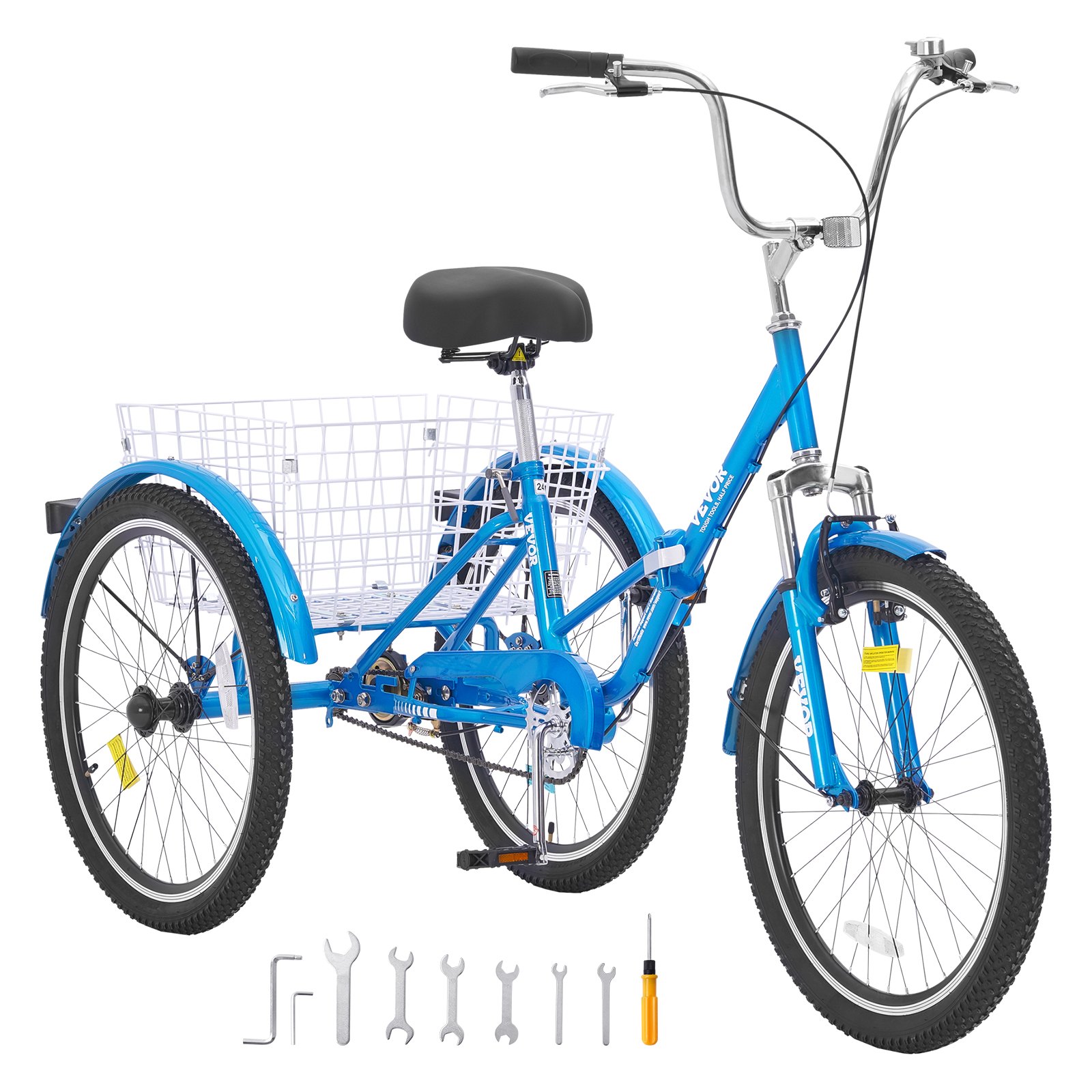 VEVOR Triciclo plegable para adultos, triciclos plegables para adultos de 24 pulgadas, bicicleta de crucero de 3 ruedas de acero al carbono con cesta grande y asiento ajustable, triciclos plegables para picnic de compras para mujeres, hombres, personas mayores (azul)