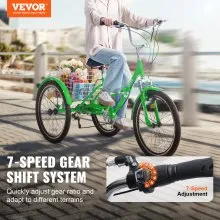 VEVOR Triciclo plegable para adultos, triciclos plegables para adultos de 26 pulgadas y 7 velocidades, bicicleta de crucero de 3 ruedas de acero al carbono con cesta y asiento ajustable, triciclos plegables para compras de picnic para mujeres, hombres, personas mayores (verde)