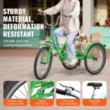 VEVOR Triciclo plegable para adultos, triciclos plegables para adultos de 26 pulgadas y 7 velocidades, bicicleta de crucero de 3 ruedas de acero al carbono con cesta y asiento ajustable, triciclos plegables para compras de picnic para mujeres, hombres, personas mayores (verde)