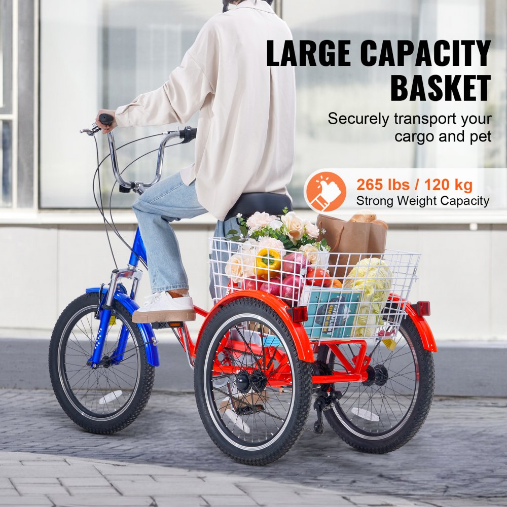 Triciclo plegable VEVOR para adultos, de 20 pulgadas y 7 velocidades, de acero al carbono, de 3 ruedas, con cesta grande y asiento ajustable, ideal para ir de compras, picnics, para mujeres, hombres y personas mayores.